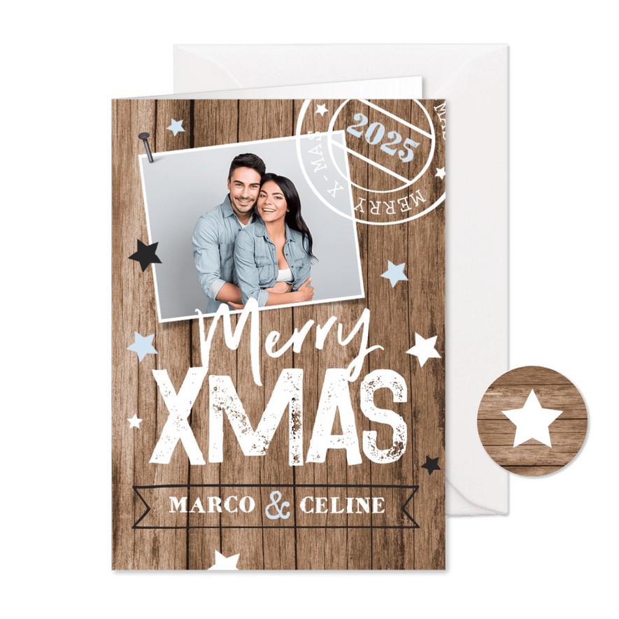 Kerstkaart houtlook typografie foto sterren stempel hout - Kaartimpressie