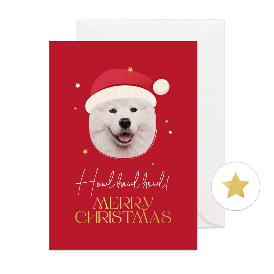 Kerstkaart howl merry christmas hond kerstmuts sterren - Kaartimpressie