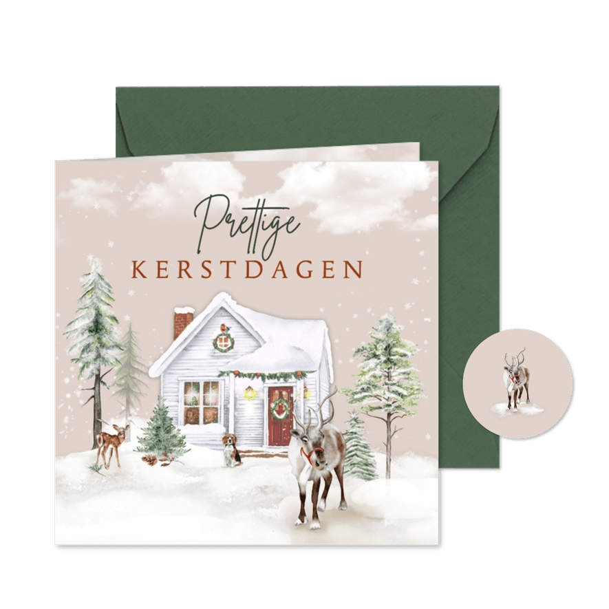 Kerstkaart huisje in winterlandschap met rendier - Kaartimpressie