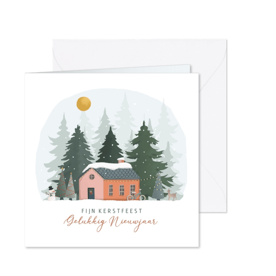 Kerstkaart huisje met dennenbomen - Kaartimpressie