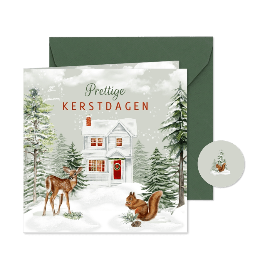 Kerstkaart huisje winterlandschap met hertje en eekhoorn - Kaartimpressie