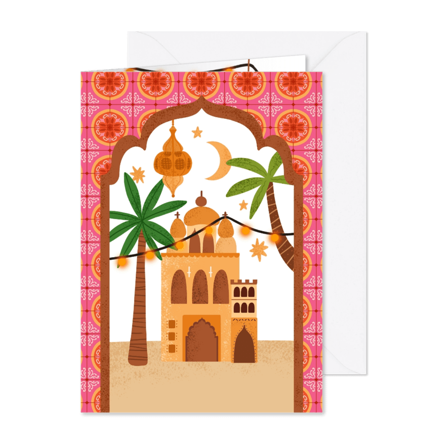 Kerstkaart huisjes en palmbomen - Kaartimpressie