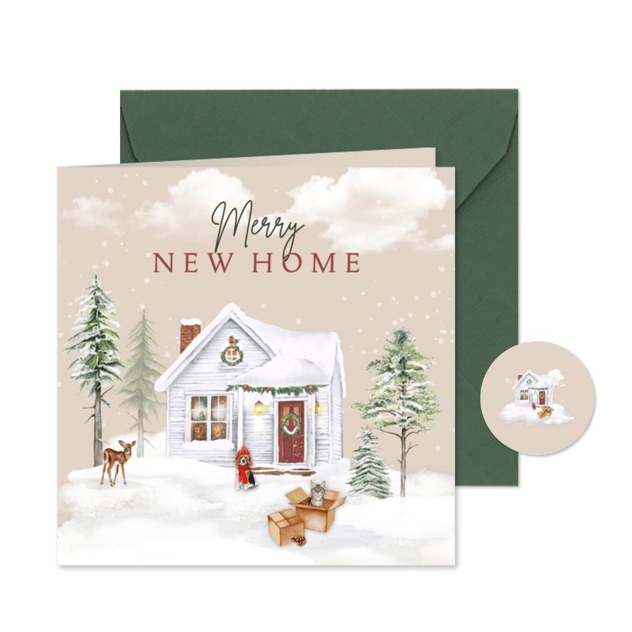 Kerstkaart huisjes in sneeuw voor verhuizen - Kaartimpressie