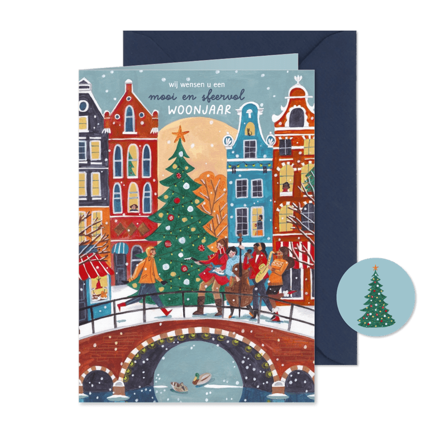 Kerstkaart huizen in Amsterdam in de sneeuw - Kaartimpressie