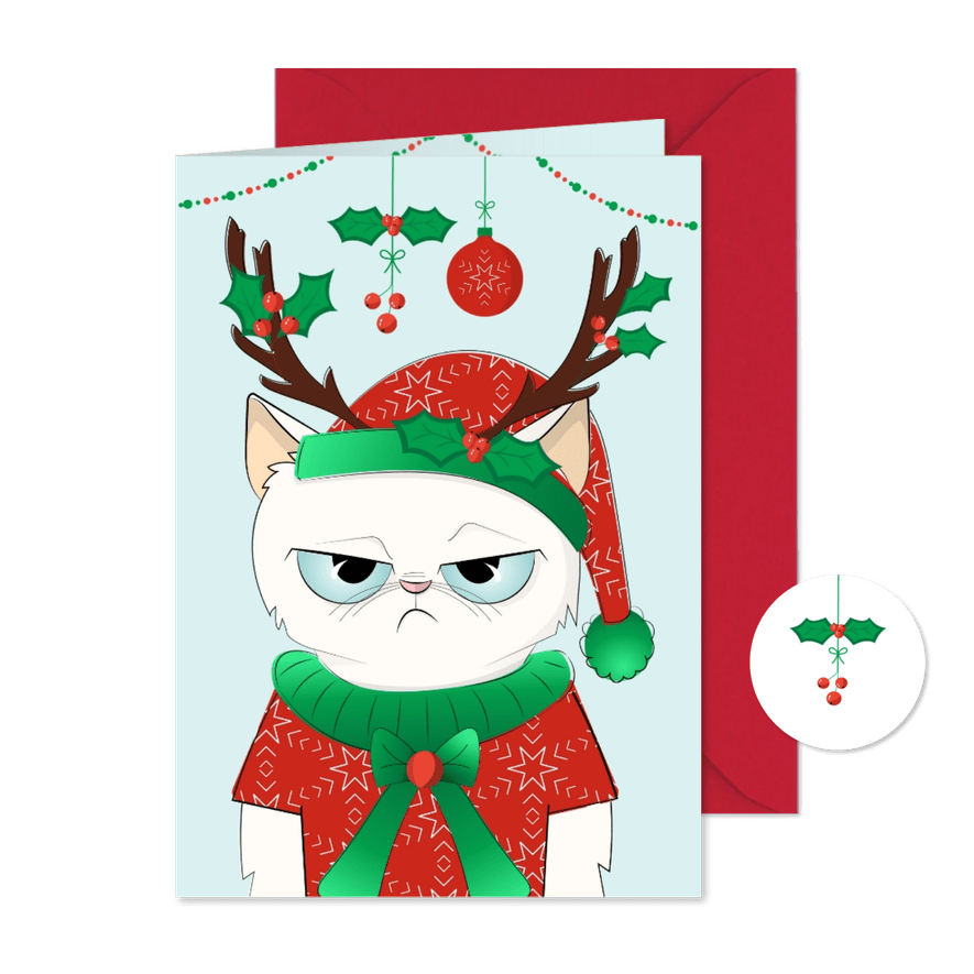 Kerstkaart humor chagrijnige kat in hele foute kerstoutfit - Kaartimpressie