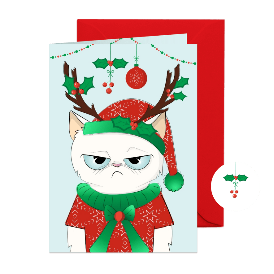 Kerstkaart humor chagrijnige kat in hele foute kerstoutfit  - Kaartimpressie