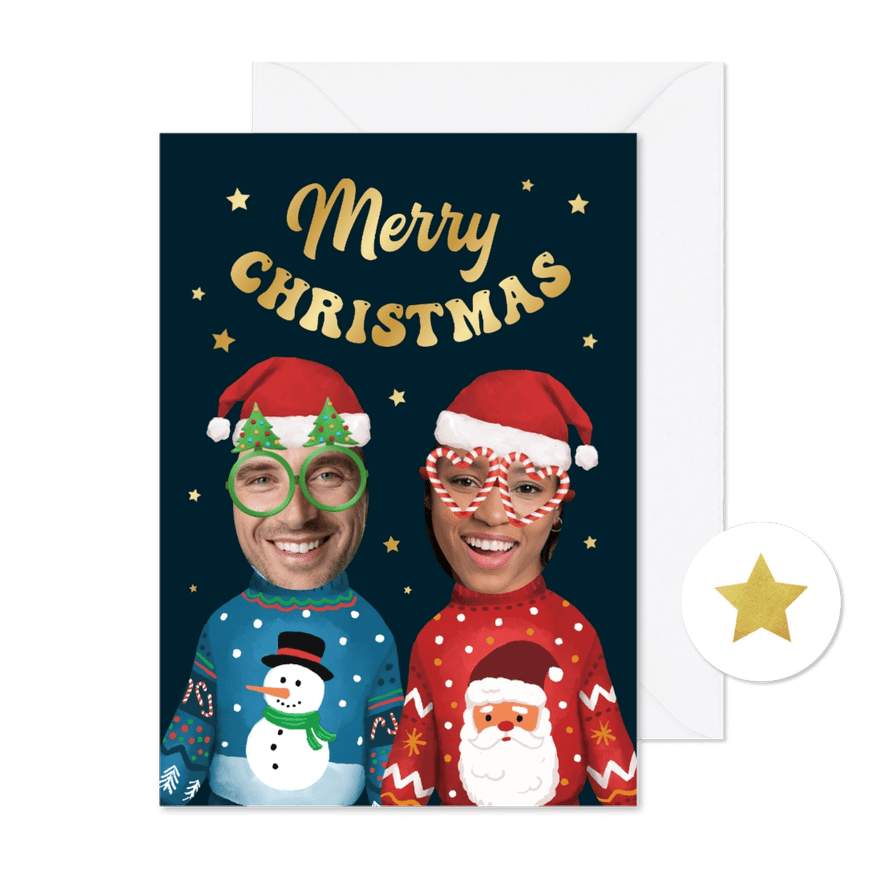 Kerstkaart humor grappig fotos foute kerst sweater - Kaartimpressie
