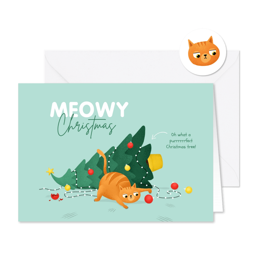 Kerstkaart humor kat kerstboom kerstballen - Kaartimpressie