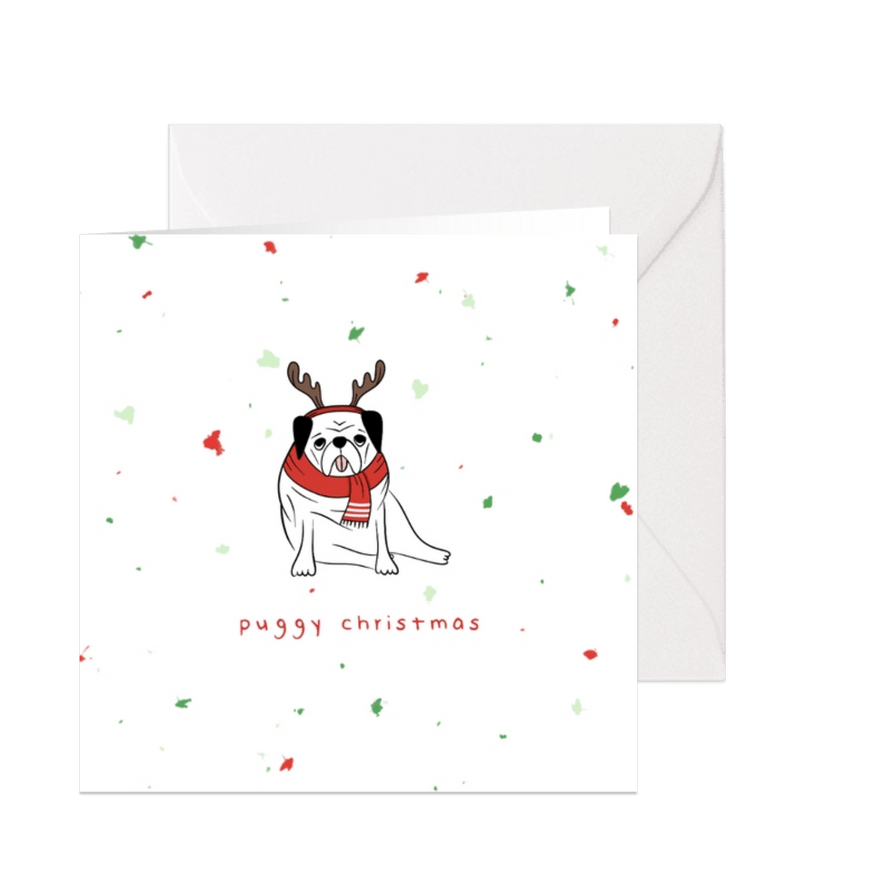 Kerstkaart humor puggy christmas met confetti - Kaartimpressie