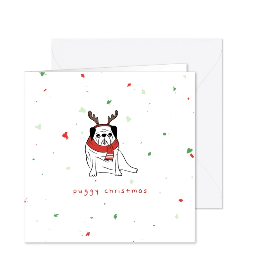 Kerstkaart humor puggy christmas met confetti - Kaartimpressie