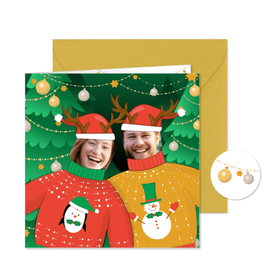 Kerstkaart humor verkleedfeest foute kersttrui en kerstmuts - Kaartimpressie