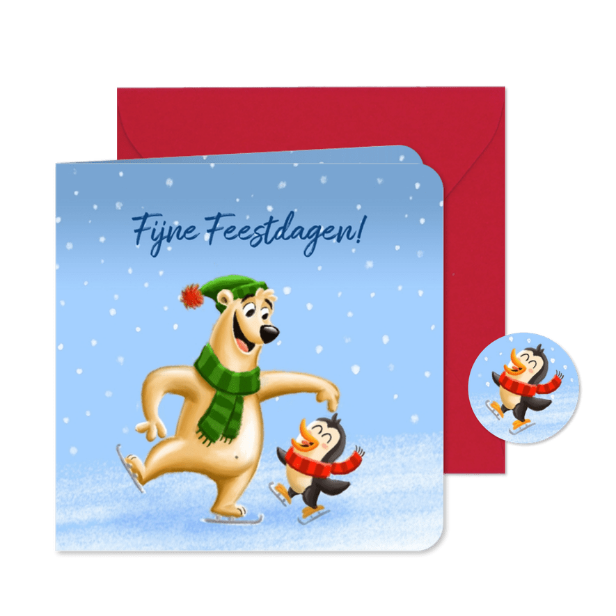 Kerstkaart ijsbeer en pinguïn schaatsen in de sneeuw - Kaartimpressie