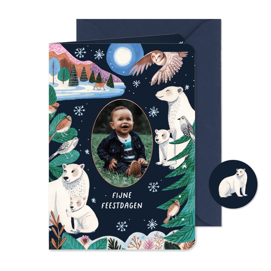 Kerstkaart ijsberen bij maanlicht op de noordpool - Kaartimpressie