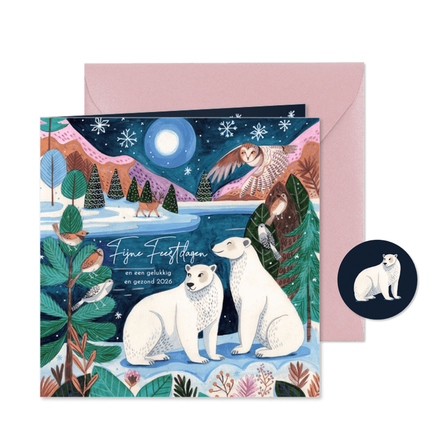 Kerstkaart ijsberen op de noordpool bij maanlicht - Kaartimpressie