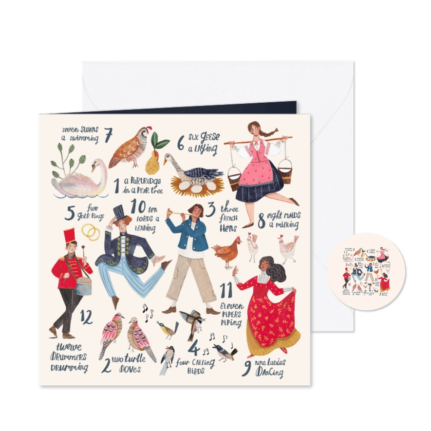 Kerstkaart illustratie '12 days of Christmas' ecru - Kaartimpressie
