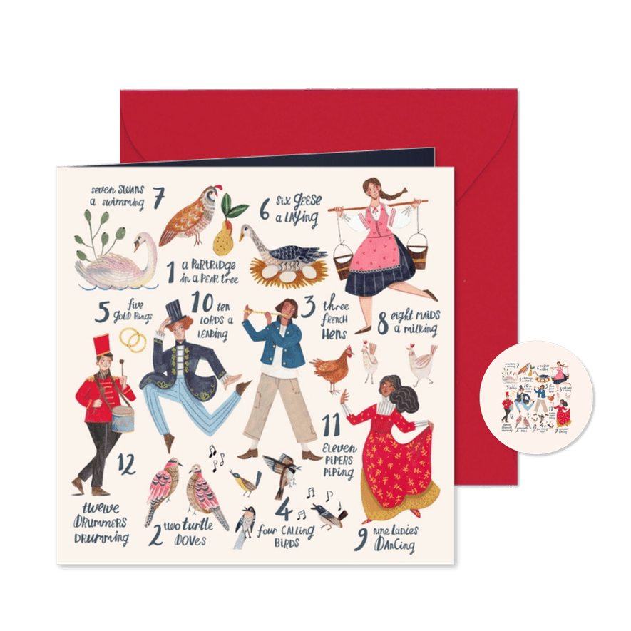 Kerstkaart illustratie '12 days of Christmas' ecru - Kaartimpressie