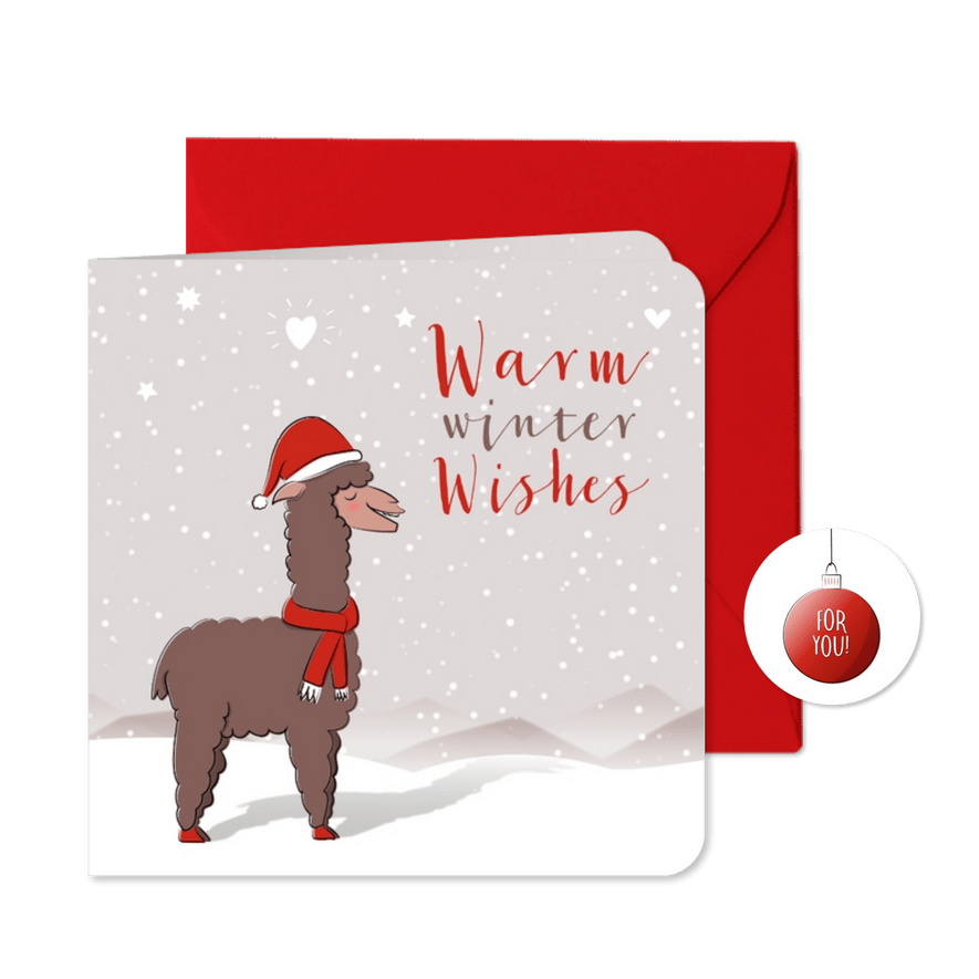 Kerstkaart illustratie alpaca met kerstmuts in de sneeuw - Kaartimpressie