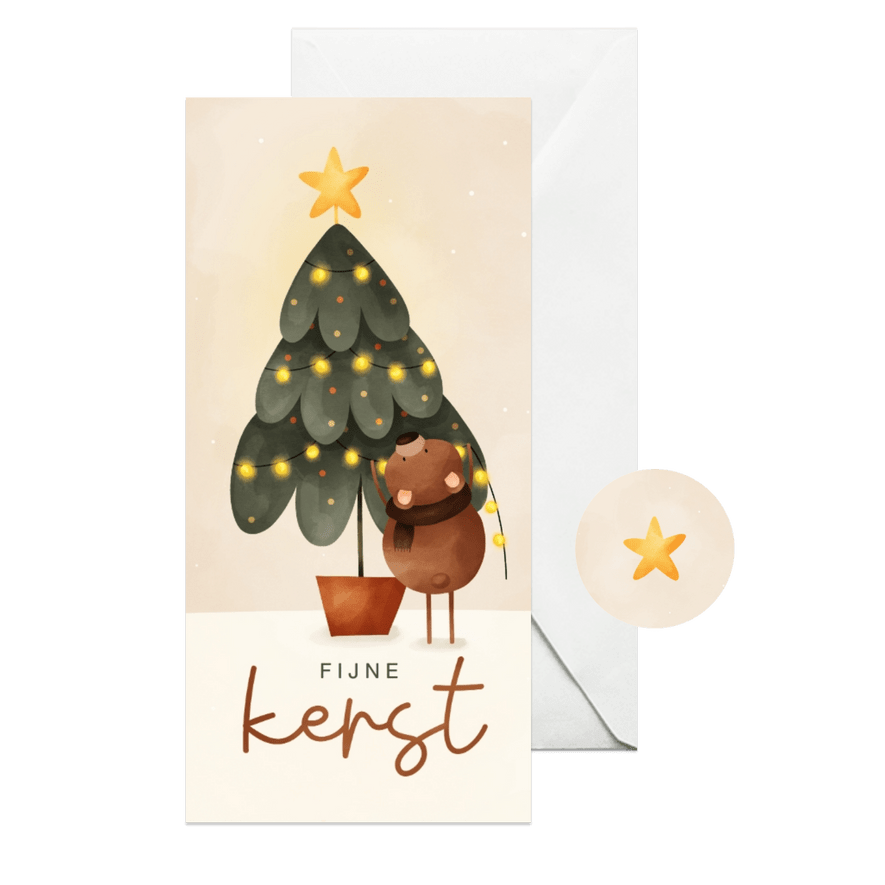 Kerstkaart illustratie beertje en kerstboom met ster - Kaartimpressie