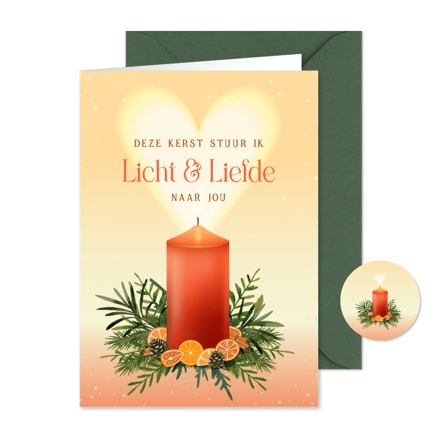 Kerstkaart illustratie brandende kaars met lichtgevend hart - Kaartimpressie