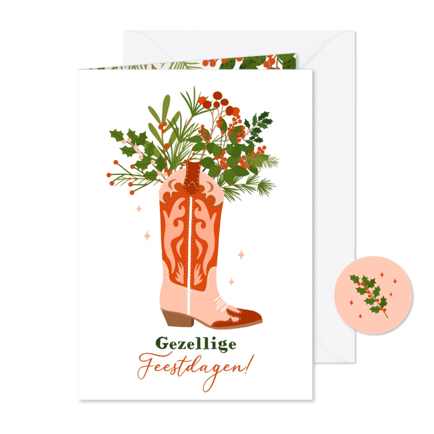 Kerstkaart illustratie cowboylaars gezellige feestdagen - Kaartimpressie