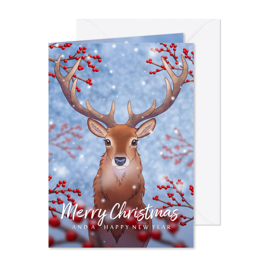 Kerstkaart illustratie hert met hulst besjes - Kaartimpressie