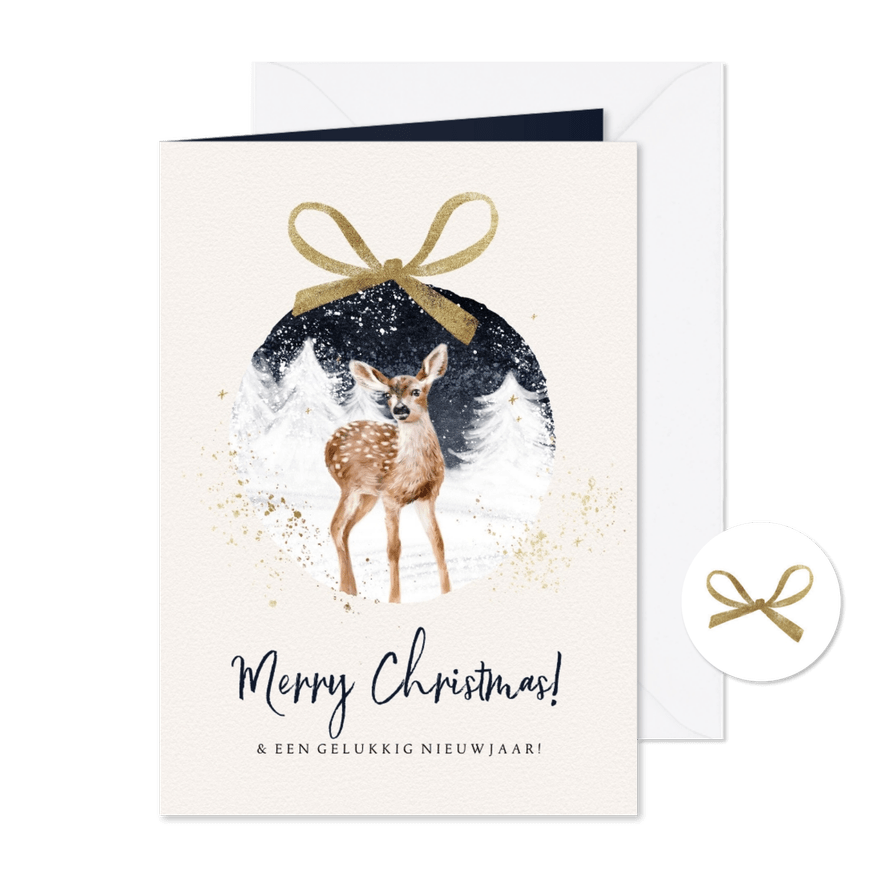 Kerstkaart illustratie hert winterwereld kerstbal strik goud - Kaartimpressie