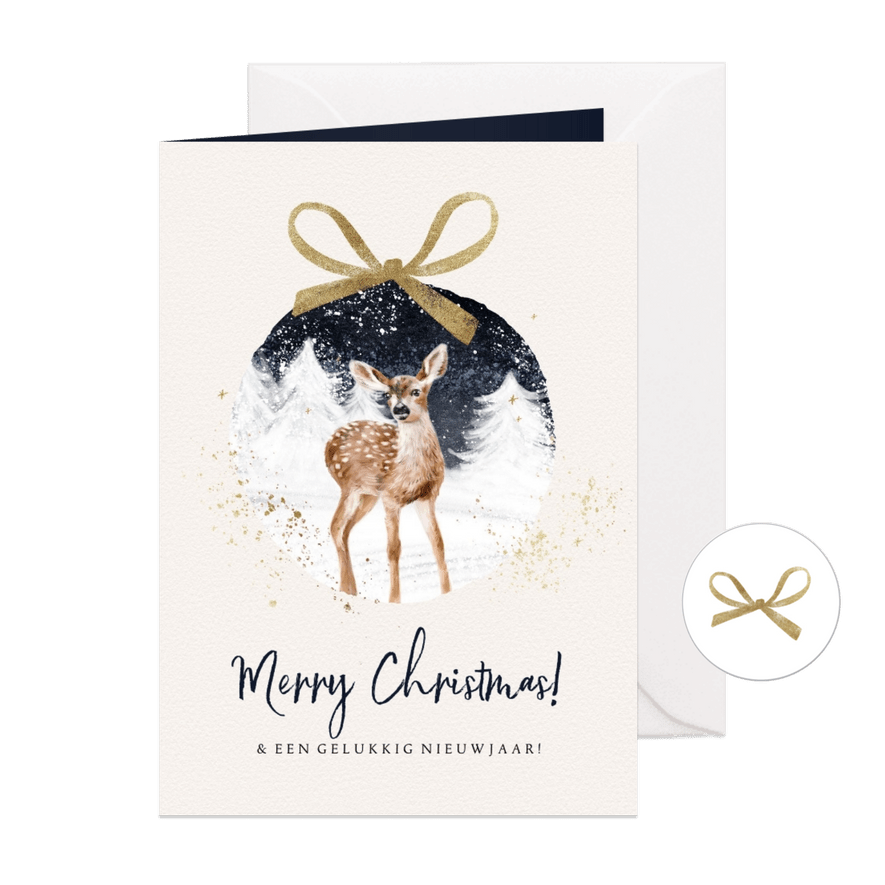 Kerstkaart illustratie hert winterwereld kerstbal strik goud - Kaartimpressie