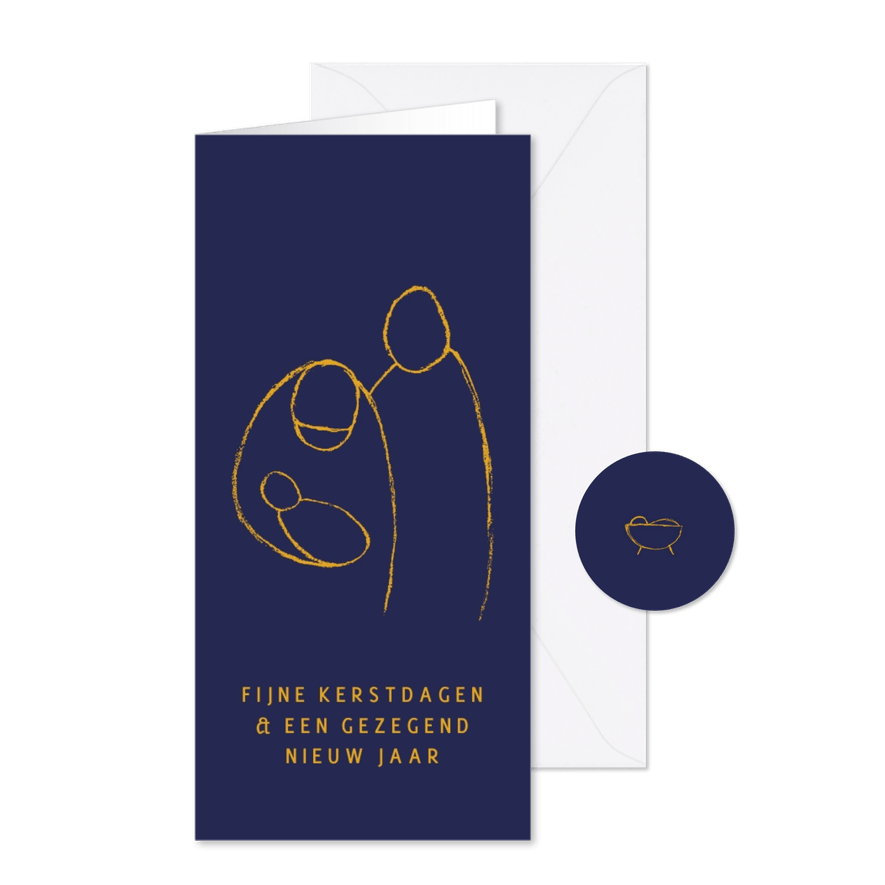 Kerstkaart illustratie Jezus in kribbe Jozef en Maria - Kaartimpressie