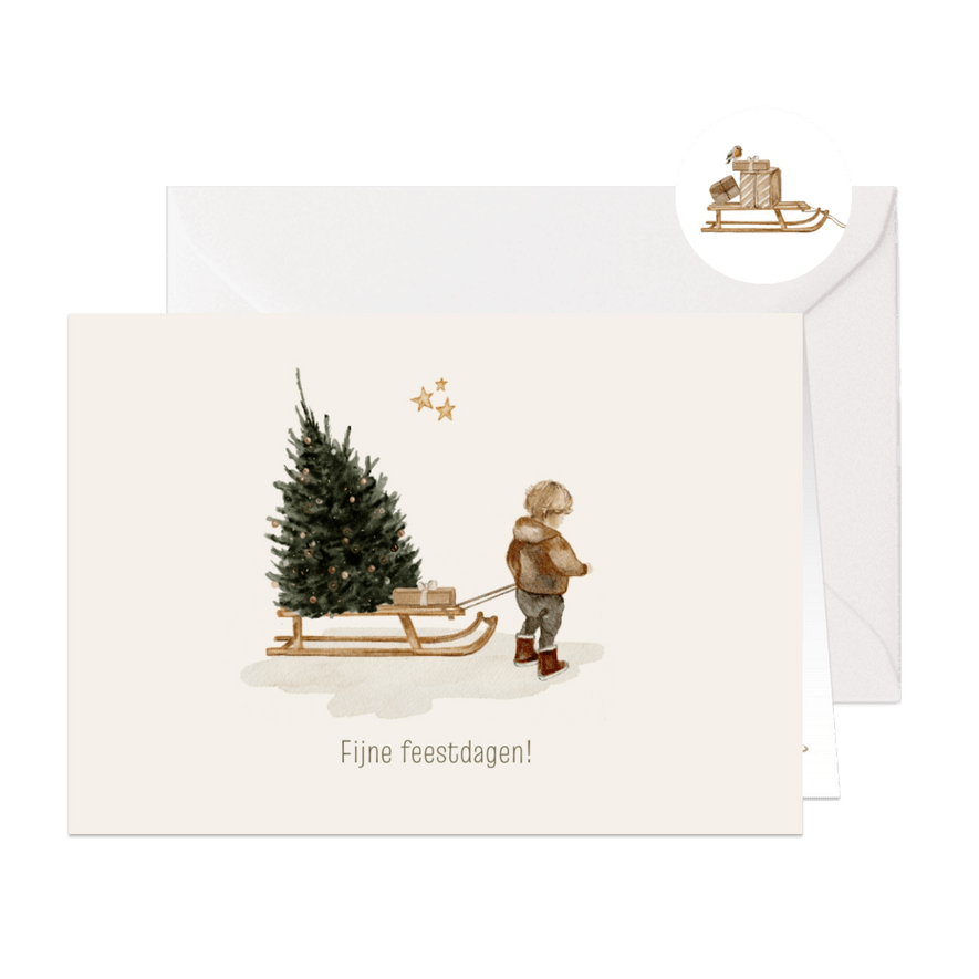 Kerstkaart illustratie jongetje met slee en kerstboom - Kaartimpressie