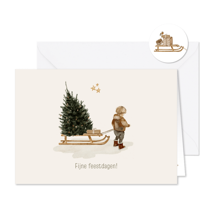 Kerstkaart illustratie jongetje met slee en kerstboom - Kaartimpressie
