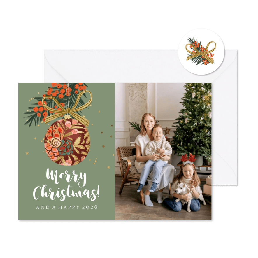 Kerstkaart illustratie kerstbal goud sterren kersttak foto - Kaartimpressie