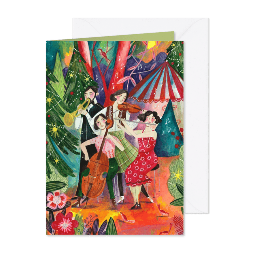 Kerstkaart illustratie kerstbomen en muziek - Kaartimpressie