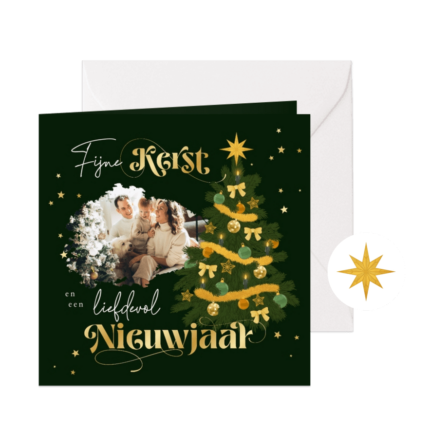 Kerstkaart illustratie kerstboom foto sterren goud - Kaartimpressie