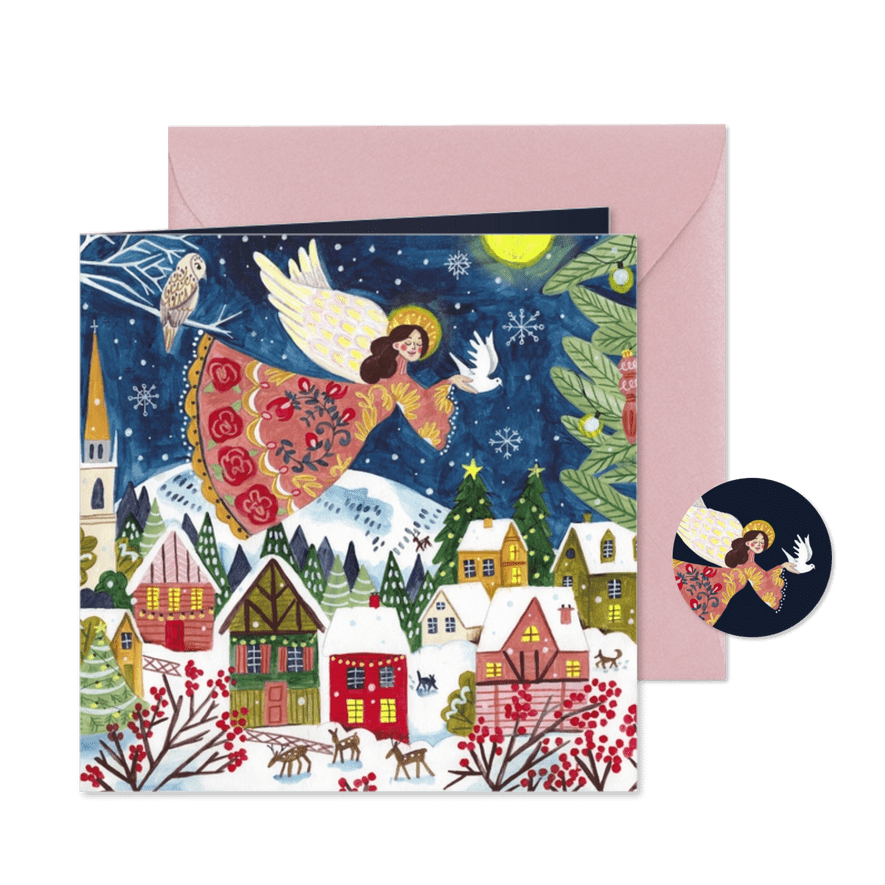 Kerstkaart illustratie kerstengel in de sneeuw - Kaartimpressie