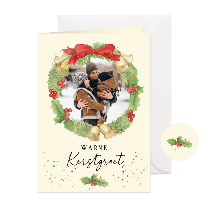 Kerstkaart - illustratie kerstkrans met eigen foto - Kaartimpressie