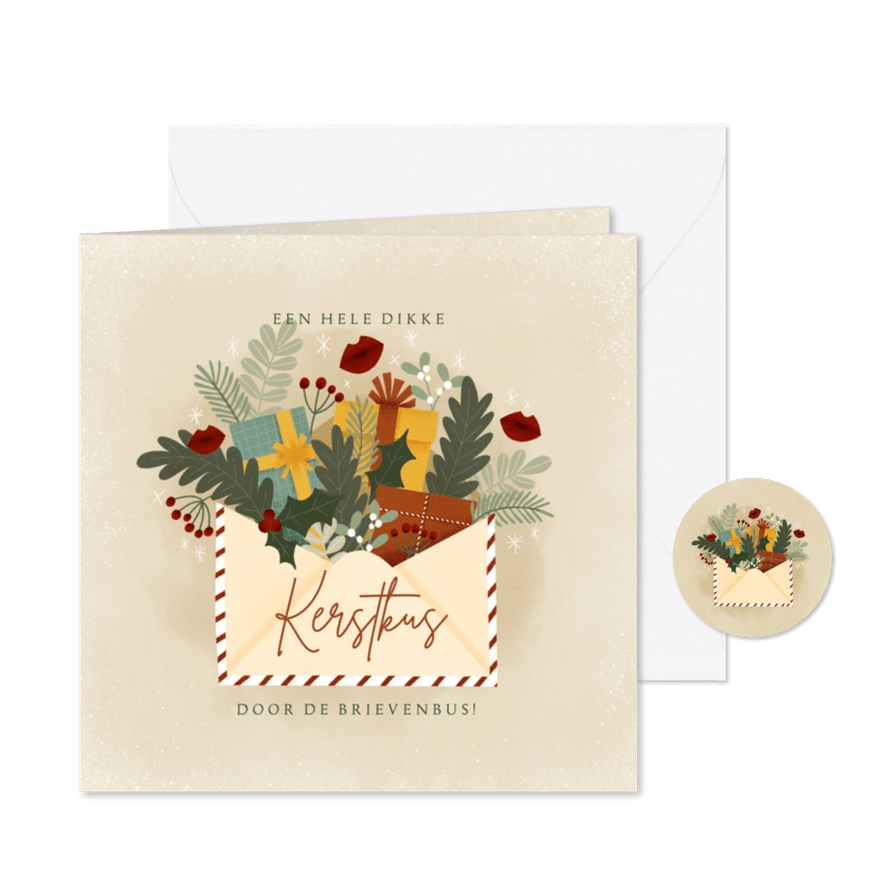 Kerstkaart illustratie kerstkus door de brievenbus, kusjes - Kaartimpressie