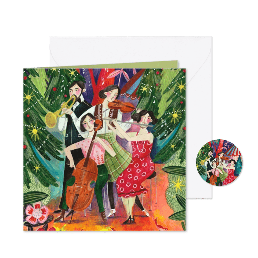 Kerstkaart illustratie muziek in het kerst bos - Kaartimpressie