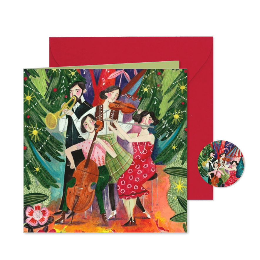 Kerstkaart illustratie muziek in het kerst bos - Kaartimpressie