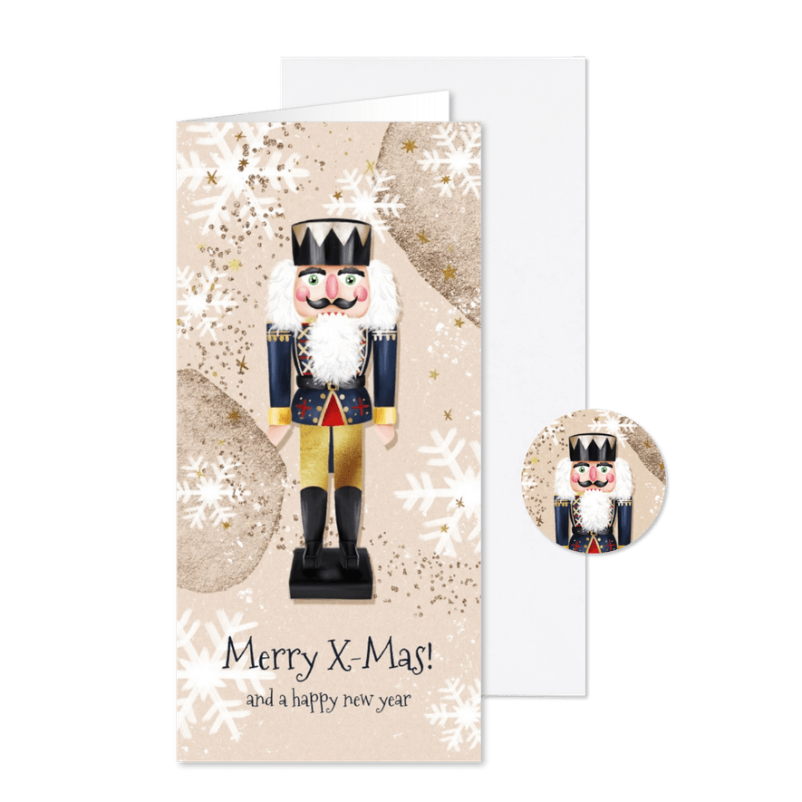 Kerstkaart illustratie notenkraker sterren goudlook kraft - Kaartimpressie