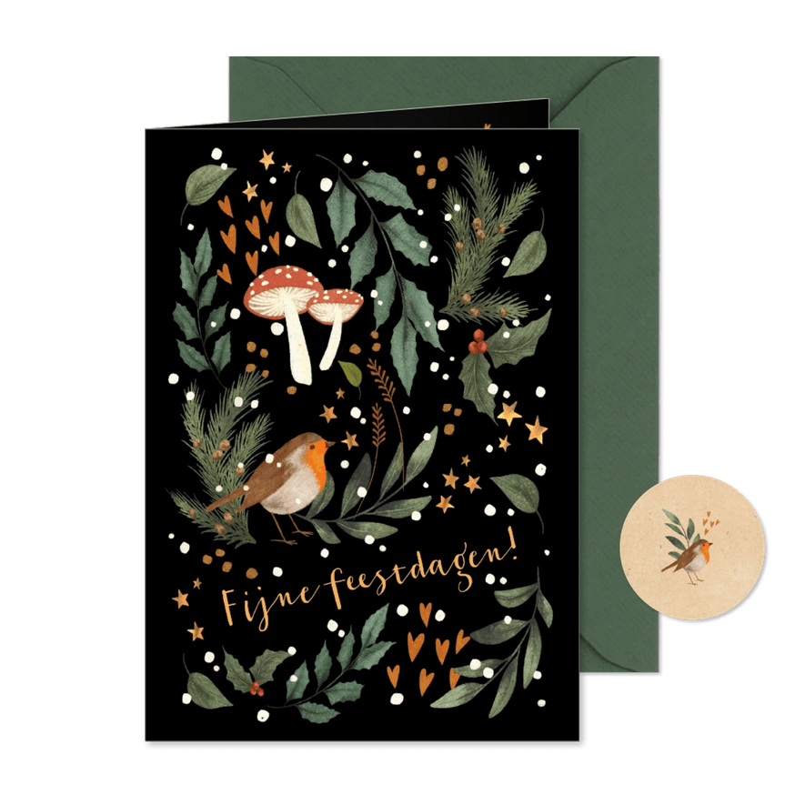 Kerstkaart illustratie roodborstje paddenstoel en dennentak - Kaartimpressie