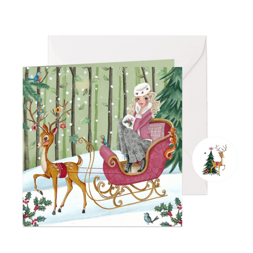 Kerstkaart Illustratie Slee Hert - Kaartimpressie