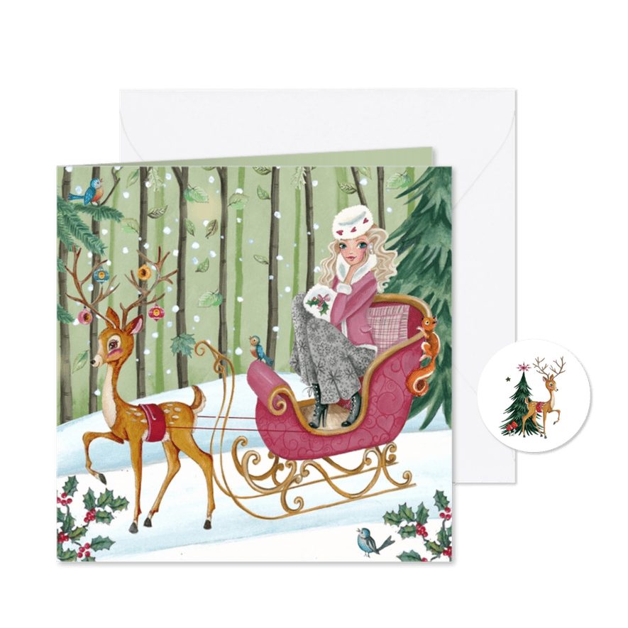 Kerstkaart Illustratie Slee Hert - Kaartimpressie