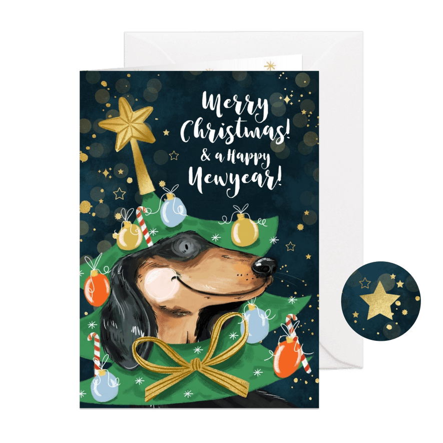 Kerstkaart illustratie teckel verkleed kerstboom ster goud - Kaartimpressie