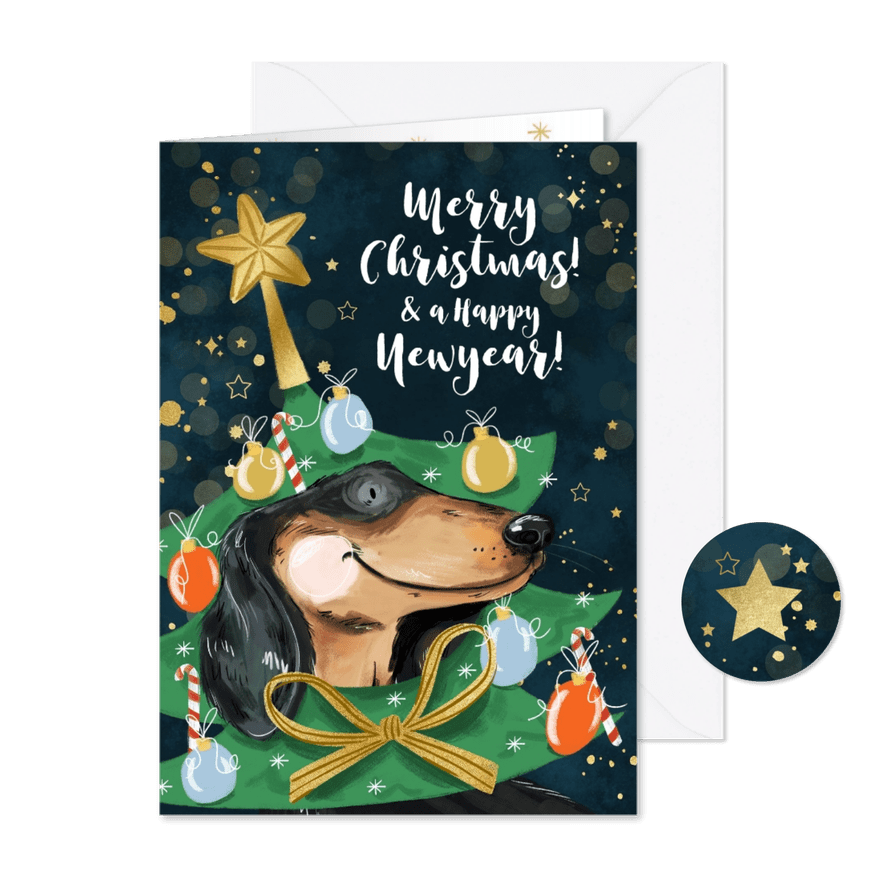 Kerstkaart illustratie teckel verkleed kerstboom ster goud - Kaartimpressie