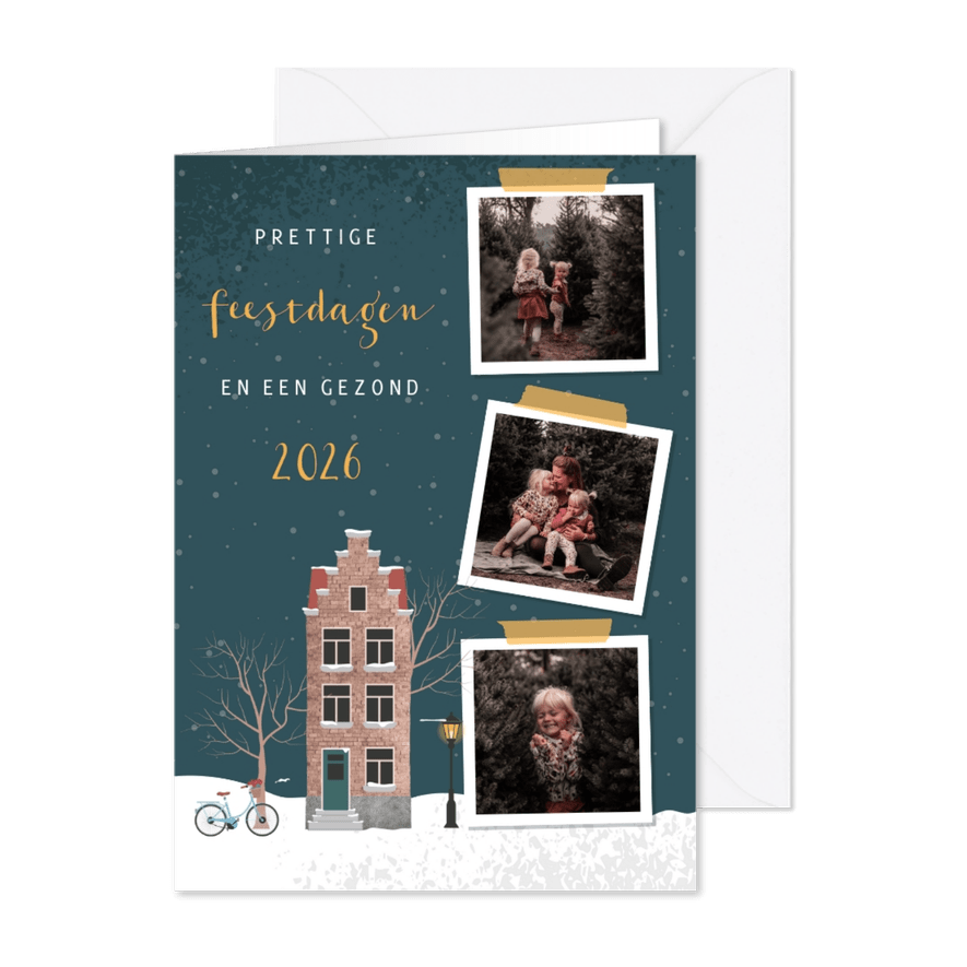Kerstkaart illustratie van een huisje en drie foto's - Kaartimpressie