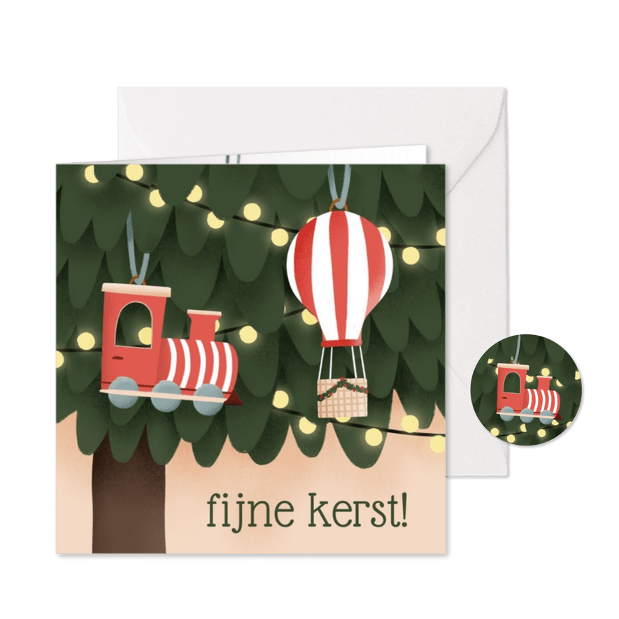 Kerstkaart illustratie van kerstboom voertuigjes en lichtjes - Kaartimpressie