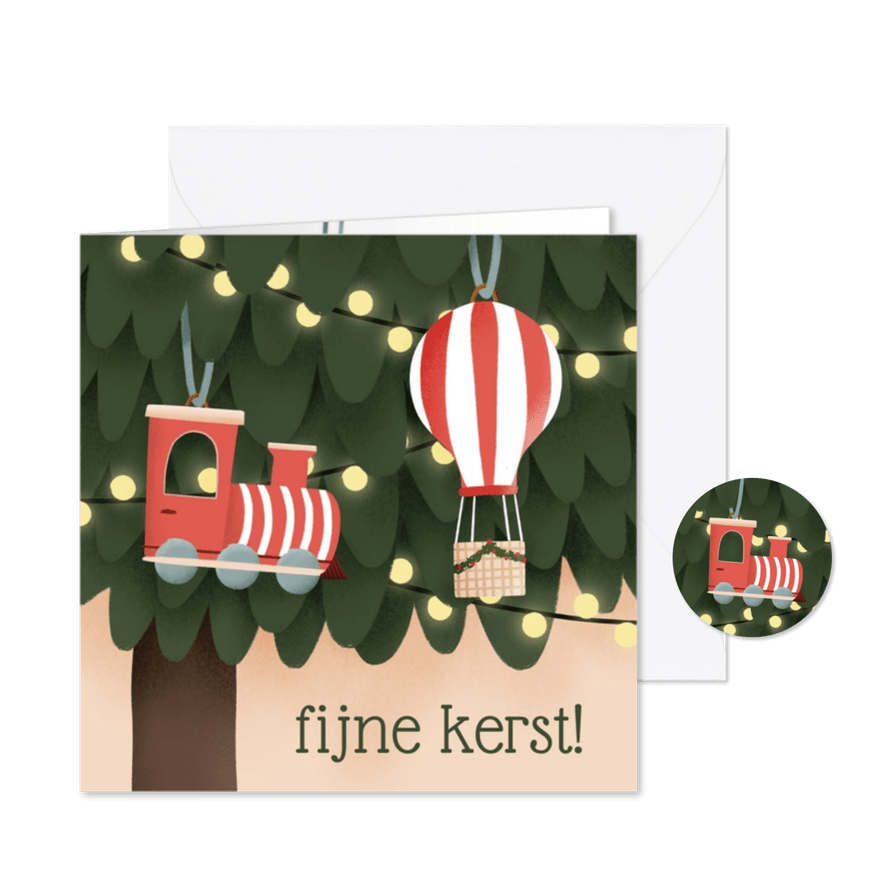 Kerstkaart illustratie van kerstboom voertuigjes en lichtjes - Kaartimpressie