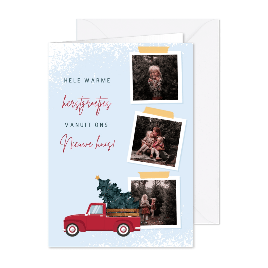 Kerstkaart illustratie van rode pickup en drie foto's - Kaartimpressie