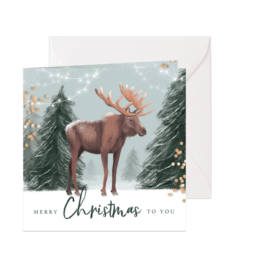 Kerstkaart illustratie winter eland hert lampjes confetti - Kaartimpressie