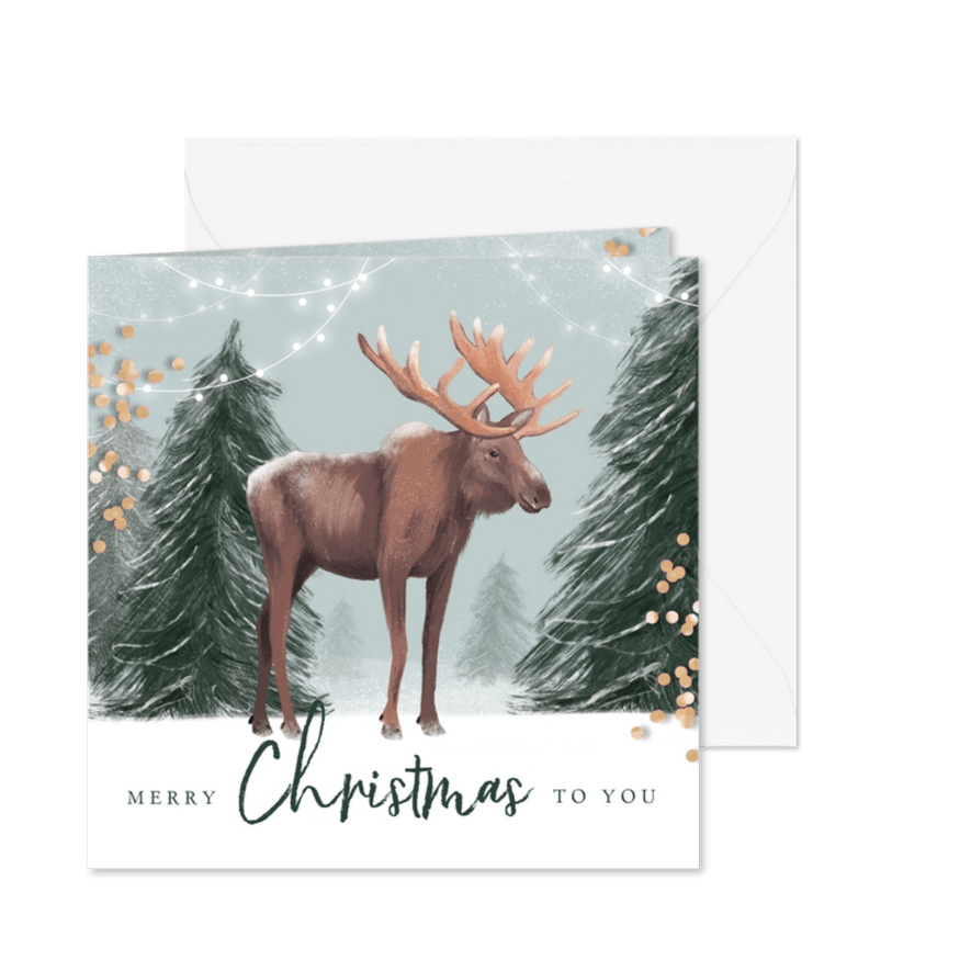 Kerstkaart illustratie winter eland hert lampjes confetti - Kaartimpressie